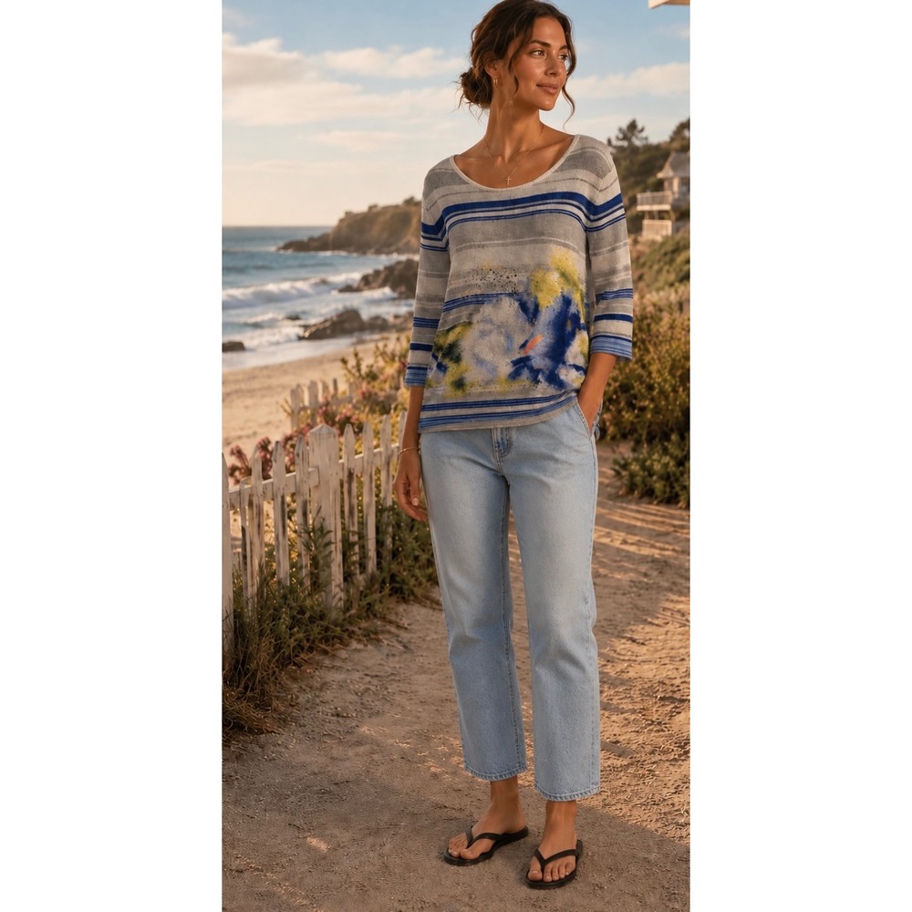 Anthropologie Troubadour  Artsy Felted Stripe Sweater Floral Small